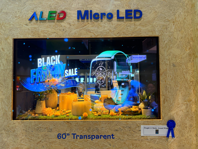 NG娱乐60吋高透明度Micro LED显示器获”最佳Micro LED技术应用奖”，将Micro LED面板透明化之设计特性极致发挥，以可扩展性无缝拼接技术打造，具备600 nits全画面亮度、大于60%穿透率及超过NTSC 110%的优异广色域表现，可依需求灵活应用于各种场域